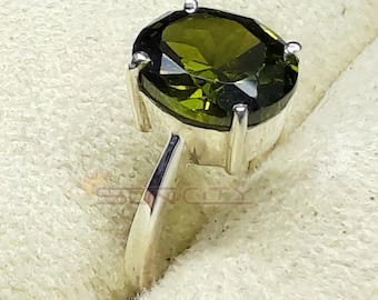 Handmade Peacock Green Moldavite Ring: Solid 925 Sterling Silver