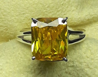 Emerald Cut Yellow Sapphire Ring: Handmade Sterling Silver Birthstone