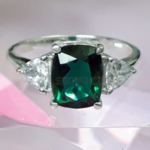 Teal Sapphire Ring: Cushion Cut, Sterling Silver Engagement Ring