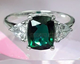 Teal Sapphire Ring: Cushion Cut, Sterling Silver Engagement Ring