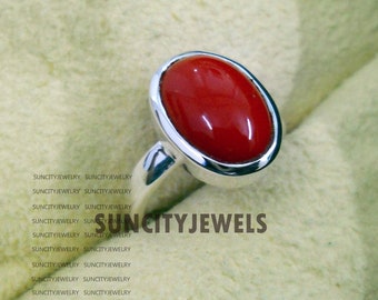 Natural Red Coral Ring: 925 Sterling Silver Birthstone Jewelry