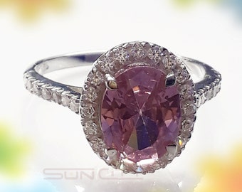 Padparadscha Sapphire Ring: Oval Pink Stone, Sterling Silver Engagement Jewelry