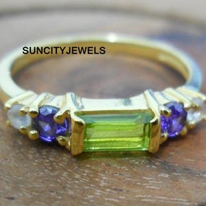 Natural Peridot Ring, Amethyst Moonstone Ring, 925 Sterling Silver Ring, 18k Gold Plated Women Ring, Anniversary Gift, Birthday Gift For Her