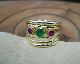 Ruby Emerald Ring: 18k Gold Plated 925 Sterling Silver Band