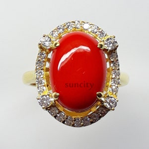 Red Coral Ring: Oval Gemstone, Gold Plated 925 Sterling Silver