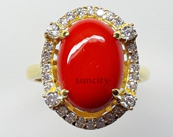 Anello in corallo naturale - Anello in corallo per scopi astrologici - Anello con vera pietra preziosa di corallo rosso - Anello in oro giallo - Gioielli con anelli da donna - Regalo per lei