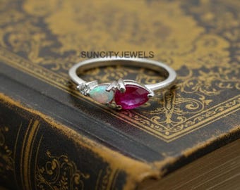 Ruby Opal 925 Sterling Silver Ring: Minimalist Gemstone Stacking Ring