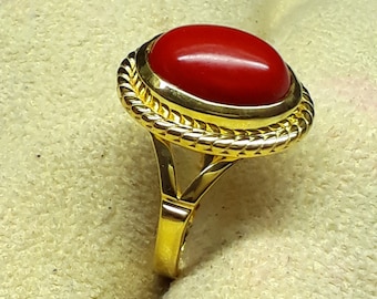 Oval Red Coral Ring: Handmade Gold Vermeil Sterling Silver Birthstone