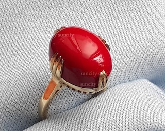 Natural Coral Ring Coral Ring for Women Real Red Coral Gemstone Ring Yellow Gold vermeil Jewelry anniversary christmas Gift For Her