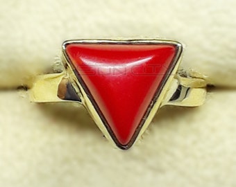 Natural Coral Ring: Triangle Gemstone, Gold Band, Panchdhatu Jewelry