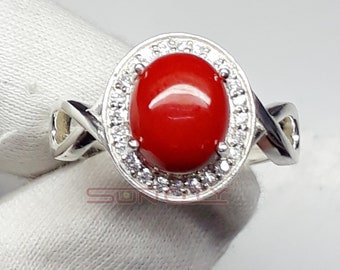 Natural Red Coral Ring: Oval Stone, 925 Sterling Silver