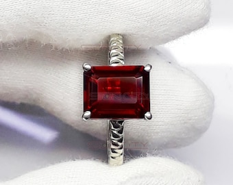 Emerald Cut Hessonite Garnet Ring, 4.50 Carat, Sterling Silver