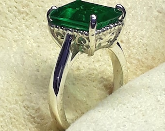 Emerald Cut Emerald Ring: 925 Sterling Silver May Birthstone