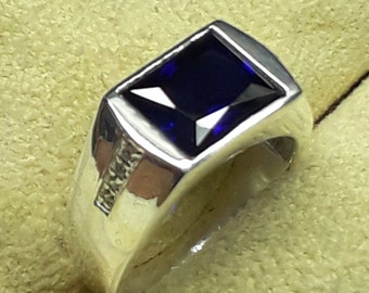 Emerald Cut Blue Sapphire Ring: 925 Sterling Silver Birthstone Ring