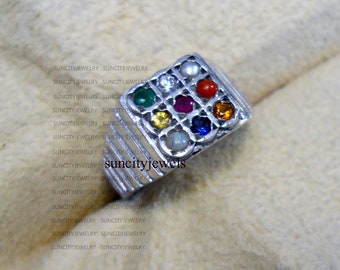 Navaratna Gemstone Ring, Sterling Silver Natural Nine Stone Ring, Astrological For Unisex, Men Ring, Women Ring, Birthstone Rings
