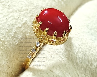 Natural Coral Ring-Coral Ring for Women-Real Coral Gemstone-Yellow Gold Plated Jewelry Birthday anniversary Gift For Her-Mother's Day Gift