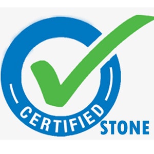 May include: A blue circle with the word "CERTIFIED" written around it. A green tick is inside the circle. The word "STONE" is written below the circle.