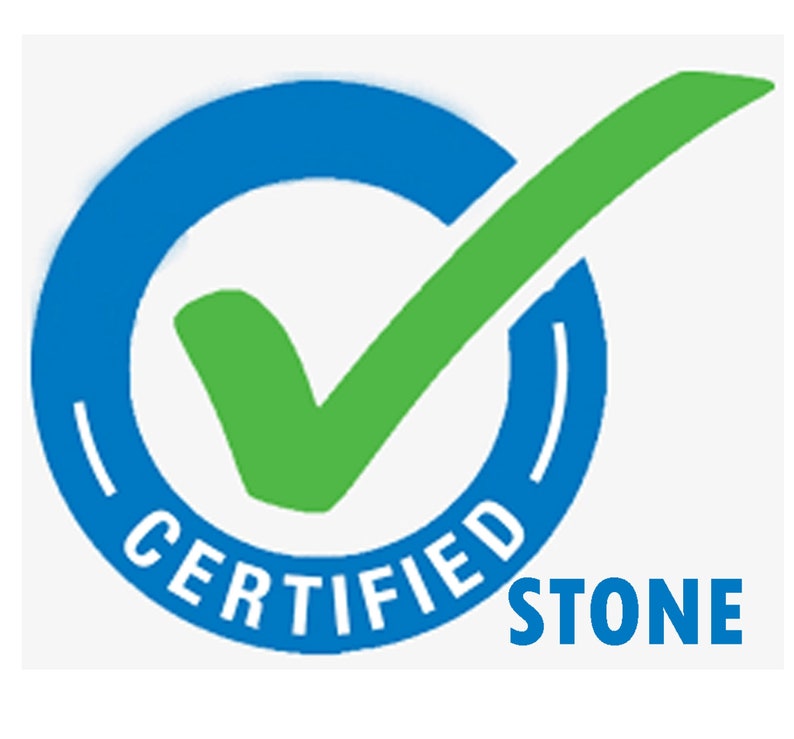May include: A blue circle with the word "CERTIFIED" written around it. A green tick is inside the circle. The word "STONE" is written below the circle.