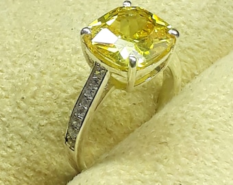 Yellow Sapphire Ring: 3.90 Carat Cushion Cut, Sterling Silver