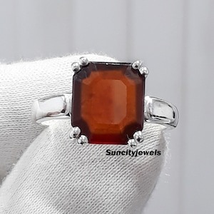 Emerald Cut Hessonite Garnet Ring: Sterling Silver Birthstone Statement Ring
