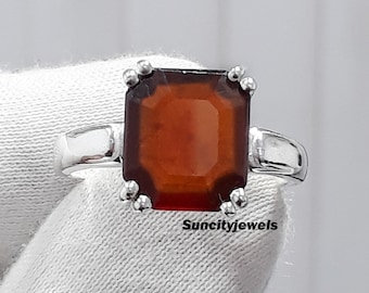 Emerald Cut Hessonite Garnet Ring: Sterling Silver Birthstone Statement Ring