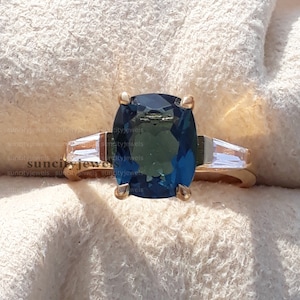 Teal Sapphire Engagement Ring: 925 Sterling Silver, Octagon Radiant Cut