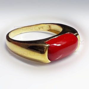 Red Coral Ring: 925 Sterling Silver, Gold Plated Band