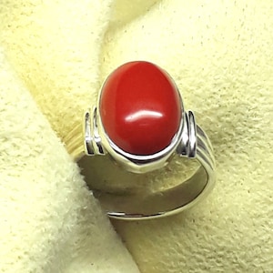 Natural Coral Ring: Oval Red Gemstone, Sterling Silver Band