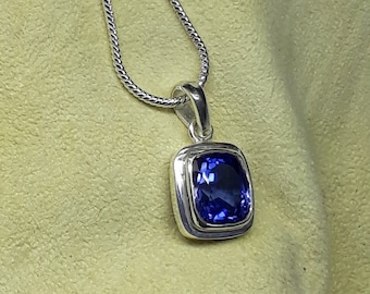Blue Sapphire Pendant Necklace: 5.10 Carat Cushion Cut, Sterling Silver