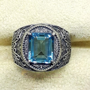Natural Blue Topaz Ring Emerald Shape Gemstone Jewelry Solid 925 Sterling Silver Birthstone Black Rodiam Jewelry Handmade Ring For Men