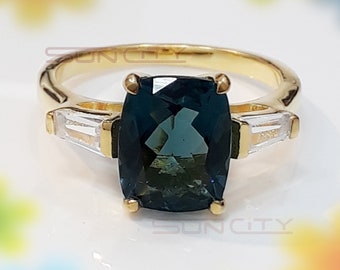 Peacock Sapphire Ring, Handmade Sterling Silver, Cushion Cut