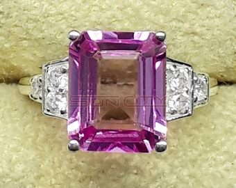 Handmade Emerald Cut Pink Sapphire Ring: Sterling Silver Engagement