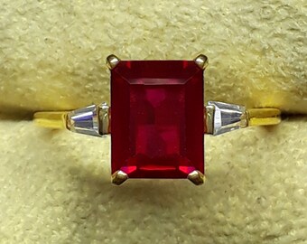 Emerald Cut Natural Ruby Ring: 22k Gold Plated Sterling Silver