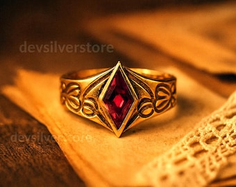 Marquise Red Gemstone Ring: Vintage Gold Plated Filigree Band, Elvish Fantasy Jewelry,