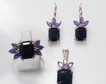 Black Aqeeq Stone Jewelry Set: Rose Gold Plated Sterling Silver Ring, Pendant & Earrings
