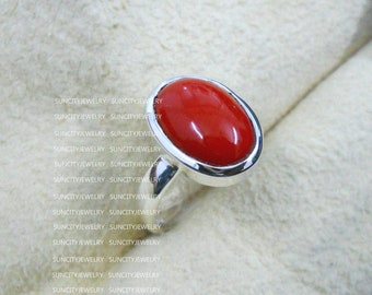 Natural Coral Ring: 925 Sterling Silver Gemstone Ring