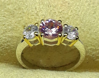 Natural Padparadscha Sapphire Ring: Gold Claw Sterling Silver, CZ Accents