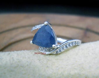 Natural Blue Sapphire Ring: Trillion Stone, Sterling Silver Promise Ring