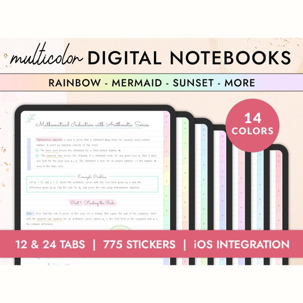 Cuadernos Digitales Multicolores con Pestañas / Cuadernos GoodNotes Notability iPad para Estudiantes / Pastel Forrado, Cornell, Estudio, Plantillas de Planificador