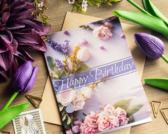 Greeting Card, Happy Birthday Card with Florals in Soft Lavender, Pink and White