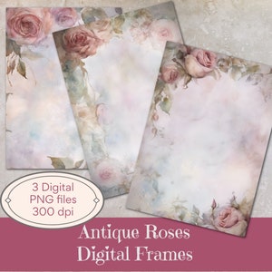 Puede incluir: Tres marcos digitales con rosas antiguas con efecto acuarela. Los marcos son de 300 dpi y son perfectos para agregar un toque vintage a tus proyectos digitales.