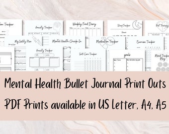 May include: A collection of printable mental health bullet journal pages. The pages include trackers for symptoms, anxiety, sleep, medication, exercise, mood, self-care, and more. The text "Mental Health Bullet Journal Print Outs" is at the bottom of the image. The text "PDF Prints available in US Letter, A4, A5" is below the title. The text "Instant Download" is in the lower right corner of the image.