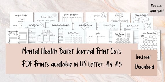 50 pg Mental Health / Self Care / Wellness Bullet Journal PDF Printables 50 Pages