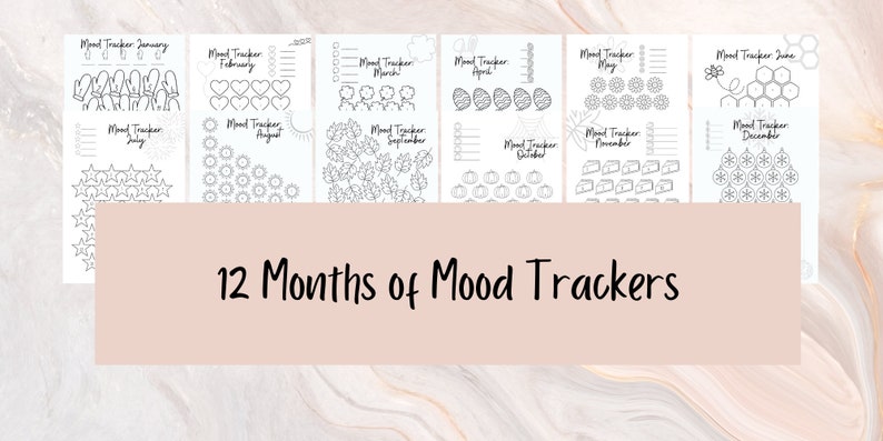 K&ouml;nnte beinhalten: Ein Satz von 12 druckbaren Stimmungs-Trackern f&uuml;r jeden Monat des Jahres. Jeder Tracker hat ein anderes Design, wie z. B. F&auml;ustlinge f&uuml;r Januar, Herzen f&uuml;r Februar und Schneeflocken f&uuml;r Dezember.