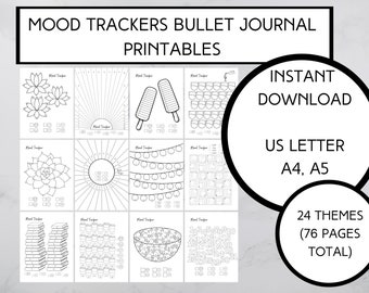 Könnte beinhalten: Ein Satz von 24 druckbaren Stimmungs-Tracker-Seiten für Bullet Journaling. Die Seiten zeigen verschiedene Designs, darunter Blumen, Sukkulenten, Eiswaffeln und eine Schüssel mit Obst. Der Text "MOOD TRACKERS BULLET JOURNAL PRINTABLES" befindet sich oben im Bild. Der Text "INSTANT DOWNLOAD" befindet sich in einem Kreis oben rechts im Bild. Der Text "US LETTER A4, A5" befindet sich in einem Kreis unterhalb des Kreises "INSTANT DOWNLOAD". Der Text "24 THEMES (76 PAGES TOTAL)" befindet sich in einem Kreis unten rechts im Bild.