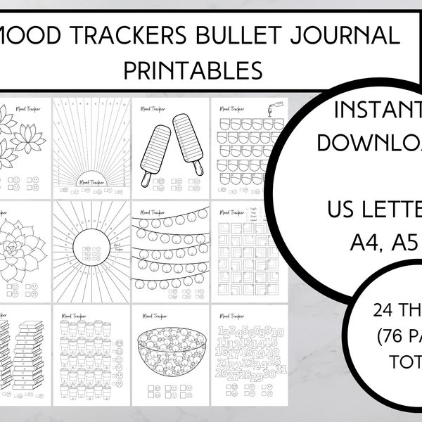 Bullet Journal Mood Tracker Printable Bujo Pages Mood Trackers Digital Download PDF Prints