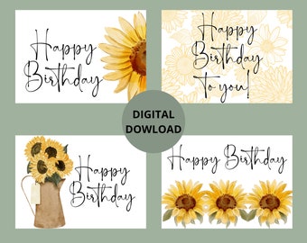 Könnte beinhalten: Vier digitale druckbare Karten mit Sonnenblumenmotiven und dem Text "Happy Birthday" in schwarzer Schrift. Eine Karte hat eine einzelne Sonnenblume, eine hat einen Strauß Sonnenblumen in einem Krug, eine hat ein Muster aus Sonnenblumen und eine hat eine Reihe von drei Sonnenblumen.