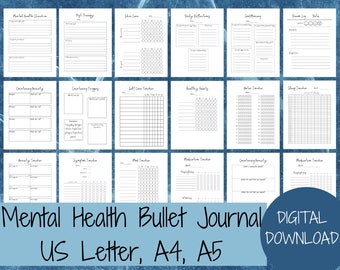 May include: A printable mental health bullet journal with pages for tracking mood, sleep, medication, anxiety, symptoms, self-care, and more. The journal is available in US Letter, A4, and A5 sizes.