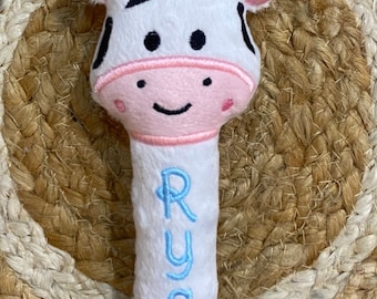 Personalized Baby Cow Rattle: Soft Minky Farm Animal Toy