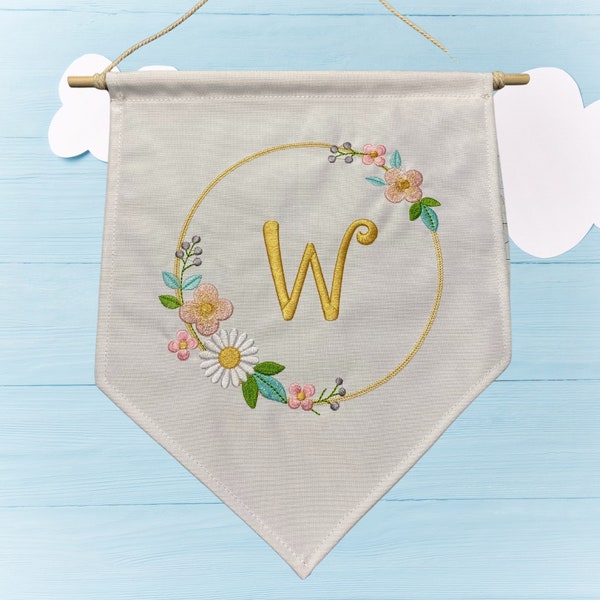 Personalized flower wreath wall decor.  Pennant flag, wall art.  Nursery and girls room decor, Initial embroidered, All custom made.